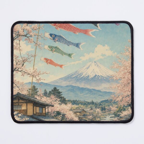 Item preview, Koinobori and Mount Fuji in Spring – Japanese Village and Sakura Landscape designed and sold by vekotpu.