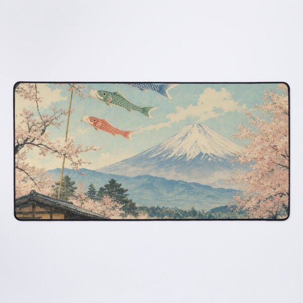 Item preview, Koinobori and Mount Fuji in Spring – Japanese Village and Sakura Landscape designed and sold by vekotpu.