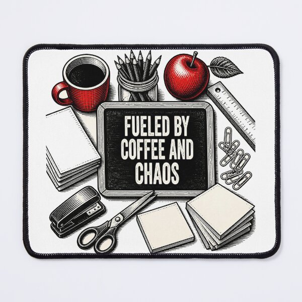 Item preview, Fueled By Coffee And Chaos — Funny Teacher Desk Flat Lay Shirt designed and sold by Uglyandcute.