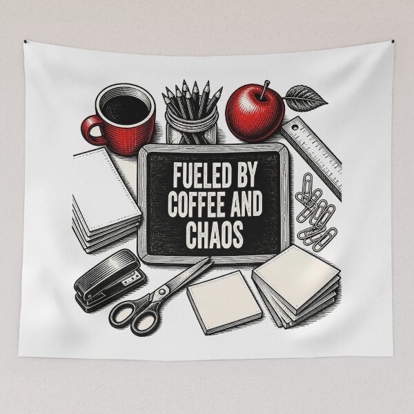 Item preview, Fueled By Coffee And Chaos — Funny Teacher Desk Flat Lay Shirt designed and sold by Uglyandcute.