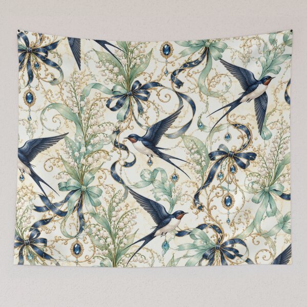 Item preview, Golden Lily of the Valley Swallows – Art Nouveau Sapphire Emblem designed and sold by sunbowjp stadio.
