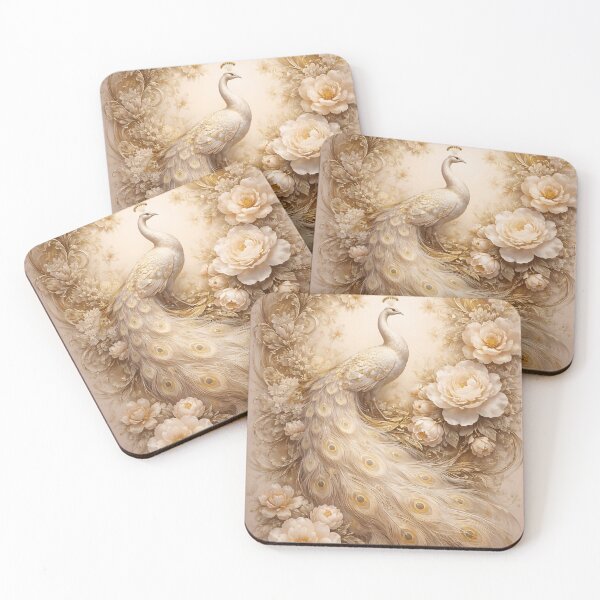 Item preview, Elegant White Peacock Beige Gold Peonies Floral designed and sold by Soluna Studio.