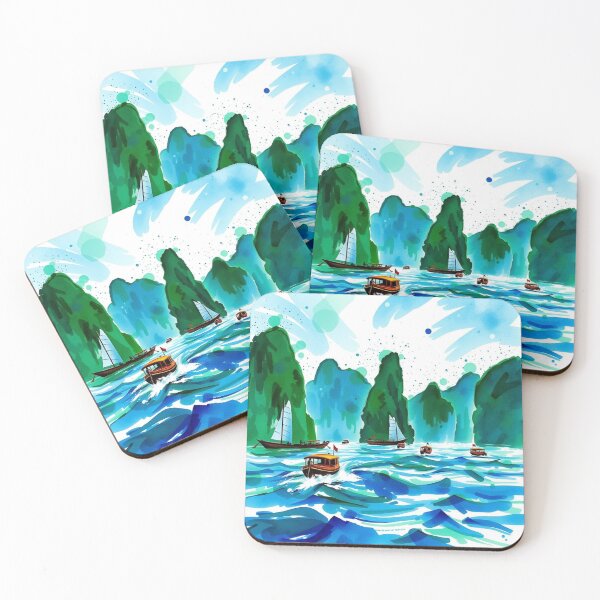 Item preview, Vibrant Watercolor Ha Long Bay Vietnam Boats Karsts Seascape designed and sold by EllDAV777.