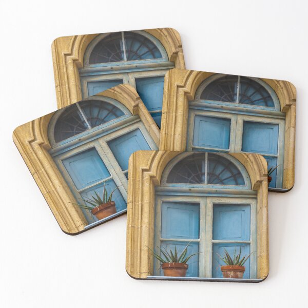 Item preview, Blue Window With Terracotta Potted Plants On Rustic Stone Balcony In Historic Building designed and sold by Nmallia.