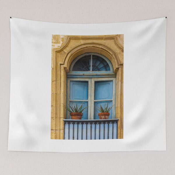 Item preview, Blue Window With Terracotta Potted Plants On Rustic Stone Balcony In Historic Building designed and sold by Nmallia.