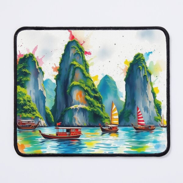 Item preview, Watercolor Karst Mountains & Traditional Boats – Vibrant Halong Bay Style Landscape designed and sold by EllDAV777.
