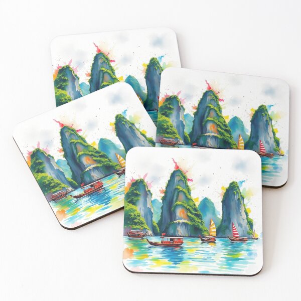 Item preview, Watercolor Karst Mountains & Traditional Boats – Vibrant Halong Bay Style Landscape designed and sold by EllDAV777.