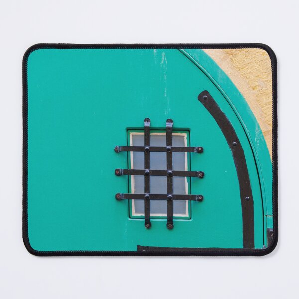 Item preview, Turquoise Arched Door With Wrought Iron Grille Set In Yellow Stone Wall designed and sold by Nmallia.