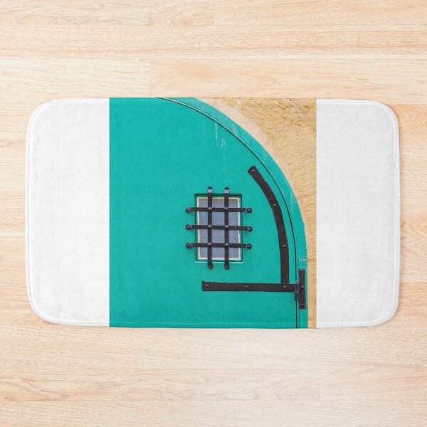 Item preview, Turquoise Arched Door With Wrought Iron Grille Set In Yellow Stone Wall designed and sold by Nmallia.