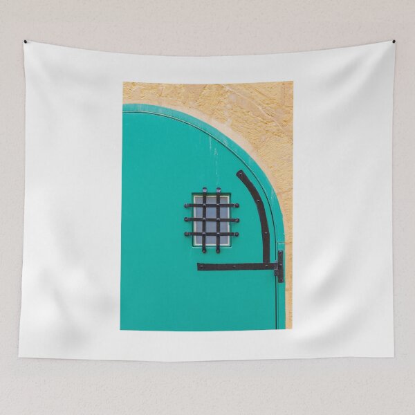 Item preview, Turquoise Arched Door With Wrought Iron Grille Set In Yellow Stone Wall designed and sold by Nmallia.