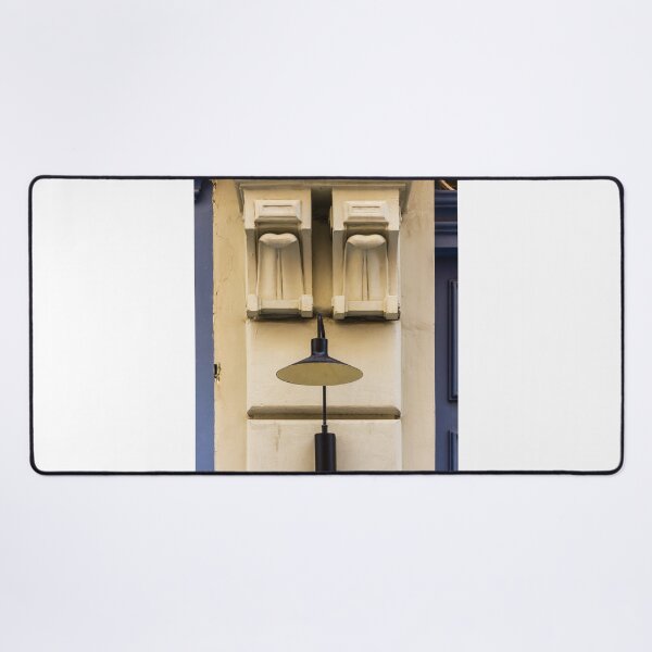 Item preview, Vintage Black Wall Lamp With Decorative Plaster Corbel on Historic Cream Building Façade Exterior Detail designed and sold by Nmallia.