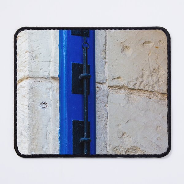 Item preview, Rustic Blue Door Bolt and Iron Latch Mounted on Textured Stone Wall, Vintage Hardware Detail designed and sold by Nmallia.