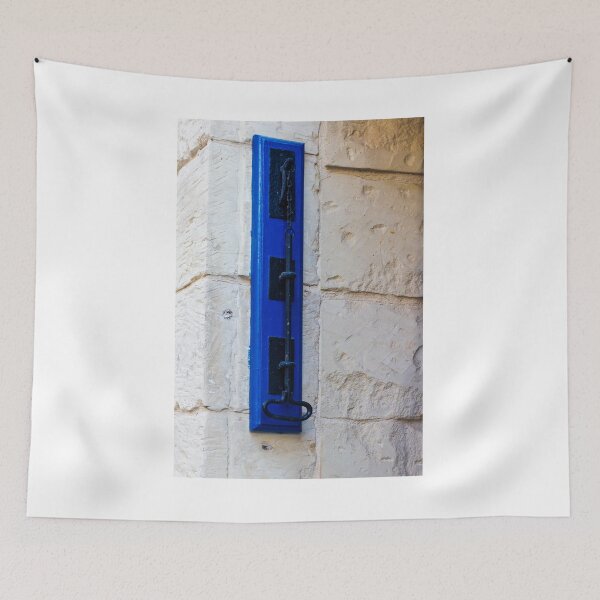 Item preview, Rustic Blue Door Bolt and Iron Latch Mounted on Textured Stone Wall, Vintage Hardware Detail designed and sold by Nmallia.