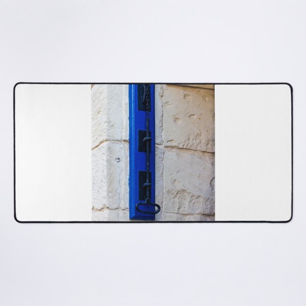 Item preview, Rustic Blue Door Bolt and Iron Latch Mounted on Textured Stone Wall, Vintage Hardware Detail designed and sold by Nmallia.