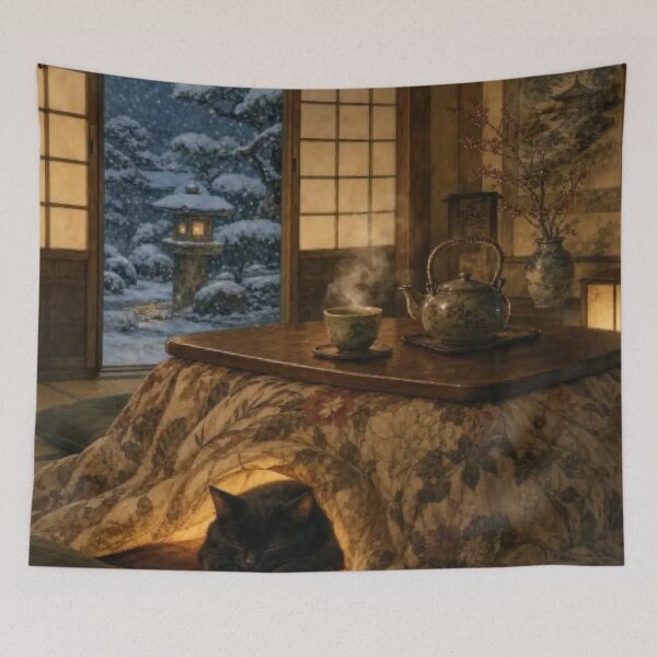 Item preview, Cozy Black Cat Under Kotatsu in Winter Snow Garden designed and sold by vekotpu.