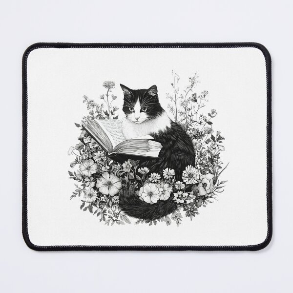 Item preview, Black and White Cat Reading a Book – Floral Book Lover Cat designed and sold by Awarrie.