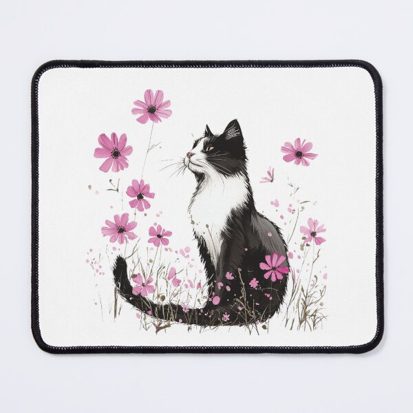 Item preview, Black and White Cat Among Pink Flowers – Floral Cat Lover designed and sold by Awarrie.
