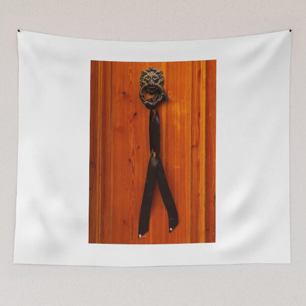 Item preview, Antique Lion Door Knocker With Black Mourning Ribbon On Rustic Wooden Door designed and sold by Nmallia.