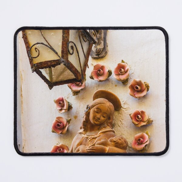 Item preview, Terracotta Madonna Wall Shrine With Baby Jesus Surrounded By Ceramic Roses And Rusted Lantern designed and sold by Nmallia.