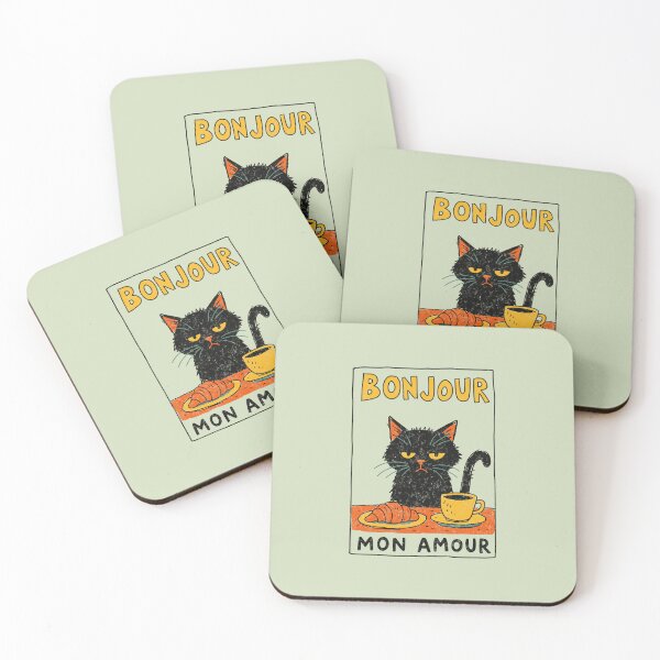 Item preview, Bonjour Mon Amour Grumpy Black Cat Coffee Croissant designed and sold by Studio Bootleg.