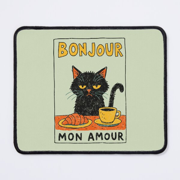 Item preview, Bonjour Mon Amour Grumpy Black Cat Coffee Croissant designed and sold by Studio Bootleg.