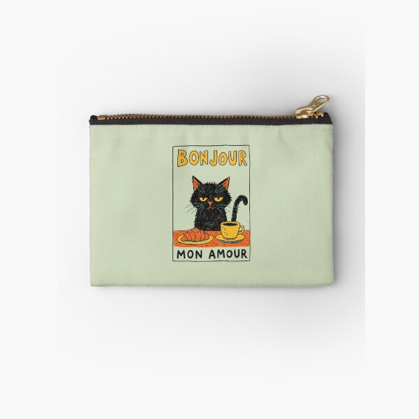 Item preview, Bonjour Mon Amour Grumpy Black Cat Coffee Croissant designed and sold by Studio Bootleg.