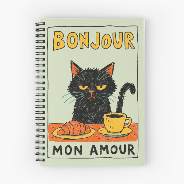 Item preview, Bonjour Mon Amour Grumpy Black Cat Coffee Croissant designed and sold by Studio Bootleg.