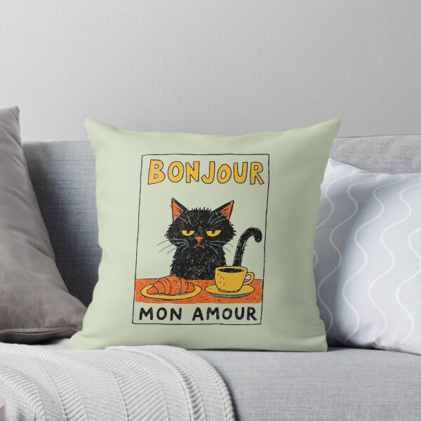 Item preview, Bonjour Mon Amour Grumpy Black Cat Coffee Croissant designed and sold by Studio Bootleg.