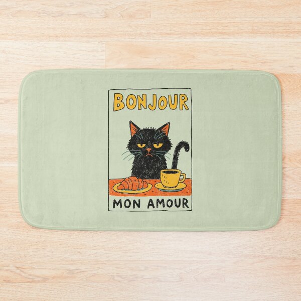 Item preview, Bonjour Mon Amour Grumpy Black Cat Coffee Croissant designed and sold by Studio Bootleg.