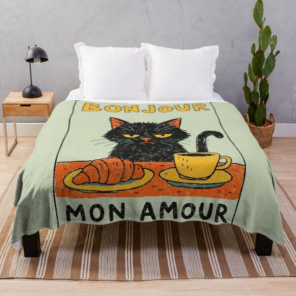 Item preview, Bonjour Mon Amour Grumpy Black Cat Coffee Croissant designed and sold by Studio Bootleg.