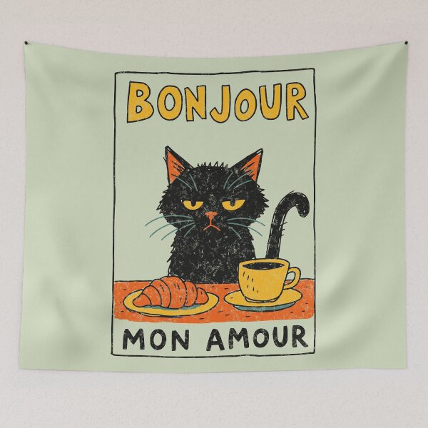 Item preview, Bonjour Mon Amour Grumpy Black Cat Coffee Croissant designed and sold by Studio Bootleg.