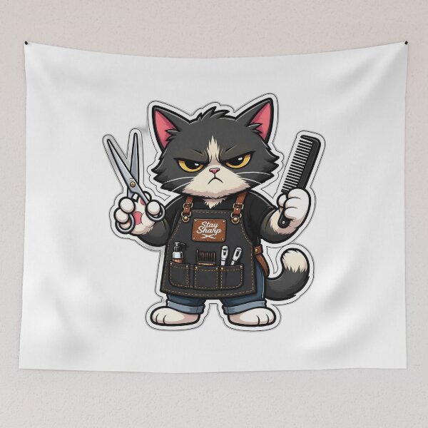 Item preview, Grumpy Cat Barber Sticker - Funny Cartoon Cat Hairdresser Scissors Design designed and sold by Barber MD Culture.