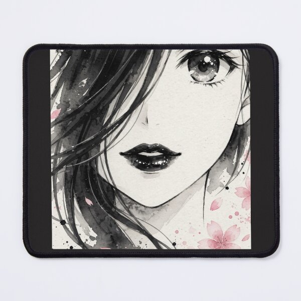 Item preview, Minimal Anime Watercolor Girl - Dark Ink Portrait Black Lips designed and sold by MAISON SYLVIE.