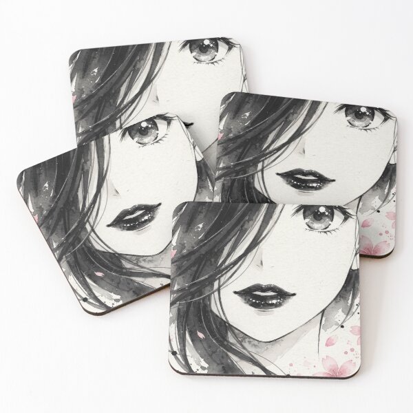 Item preview, Minimal Anime Watercolor Girl - Dark Ink Portrait Black Lips designed and sold by MAISON SYLVIE.