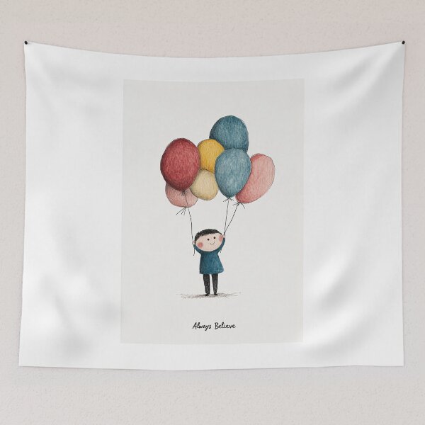 Item preview, Always Believe – Child with Colorful Balloons designed and sold by Quantum Doodle Studio.