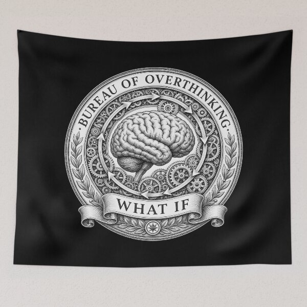 Item preview, culture Bureau Of Overthinking — Funny Anxiety Brain Gears Parody Seal designed and sold by Uglyandcute.