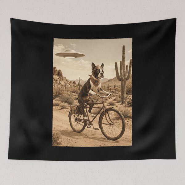 Item preview, Boston Terrier Riding Bike Wild West Western UFO Dog Lover designed and sold by dian-rody-crest.