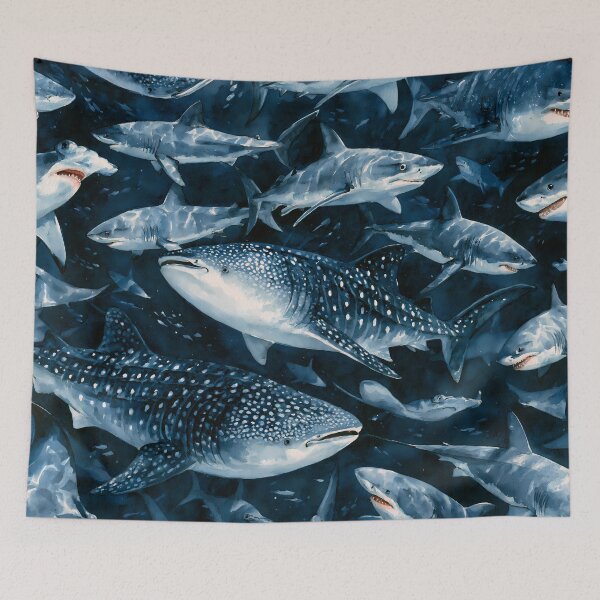Item preview, Watercolor Shark Art Dark Navy Sea Pattern designed and sold by FrostyFrisby.