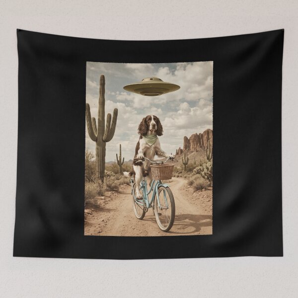 Item preview, English Springer Spaniel Riding Bike Wild West Western UFO Dog Lover designed and sold by dian-rody-crest.