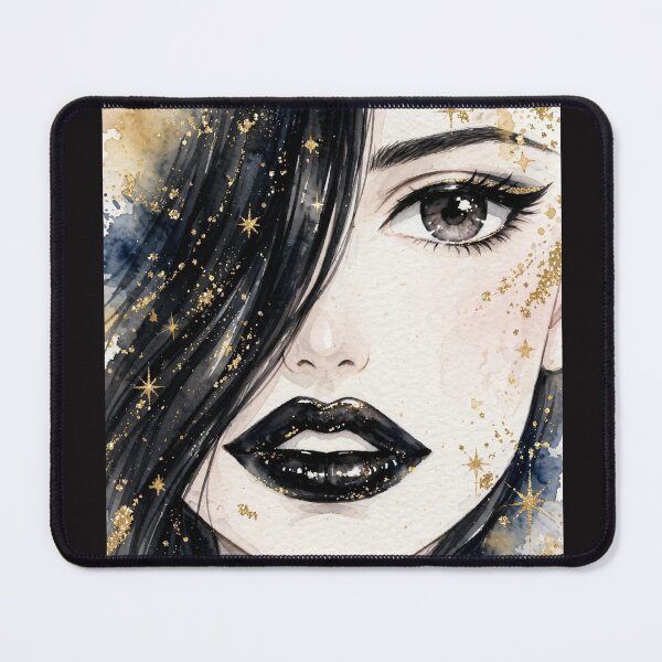 Item preview, Galaxy Anime Watercolor Girl - Celestial Gold Stars Black Lips designed and sold by MAISON SYLVIE.