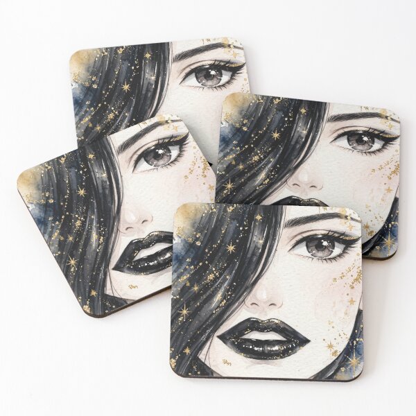 Item preview, Galaxy Anime Watercolor Girl - Celestial Gold Stars Black Lips designed and sold by MAISON SYLVIE.