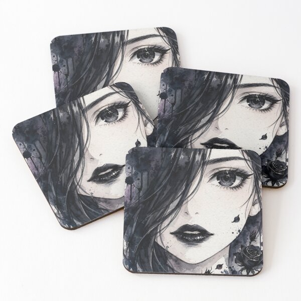 Item preview, Blue Rose Anime Watercolor Girl - Dark Aesthetic Portrait Black Lips designed and sold by MAISON SYLVIE.