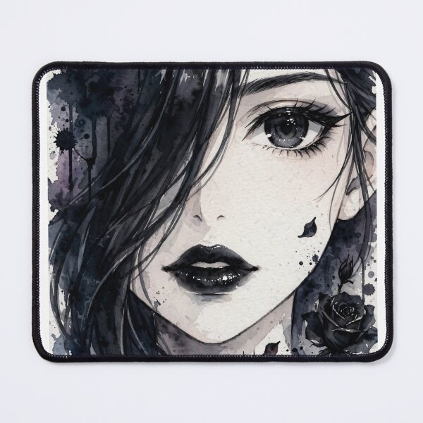 Item preview, Blue Rose Anime Watercolor Girl - Dark Aesthetic Portrait Black Lips designed and sold by MAISON SYLVIE.
