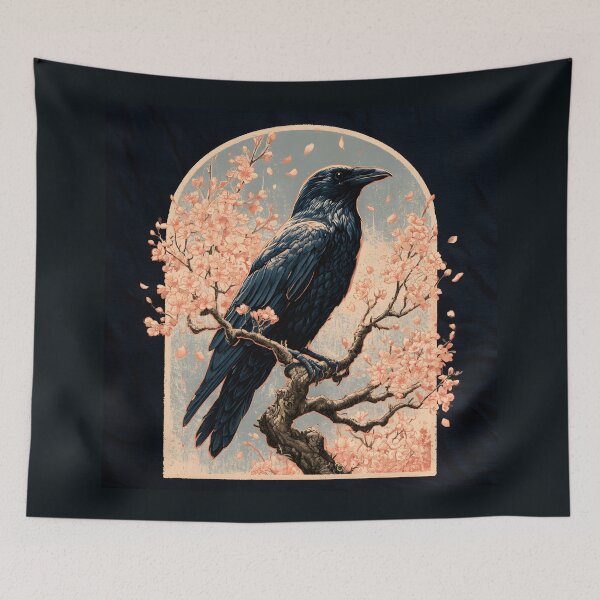 Item preview, Japanese Raven Karasu Cherry Blossom Ukiyo-e Woodcut Art designed and sold by GrinGalore.