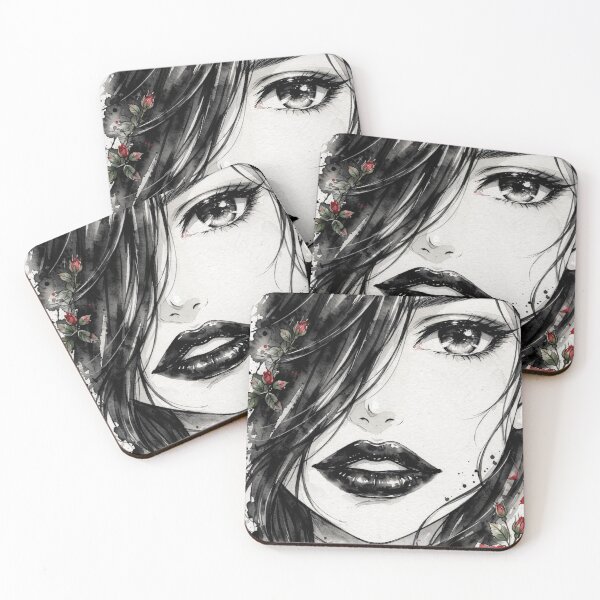 Item preview, Red Rose Dark Anime Girl - Watercolor Gothic Portrait Black Lips designed and sold by MAISON SYLVIE.
