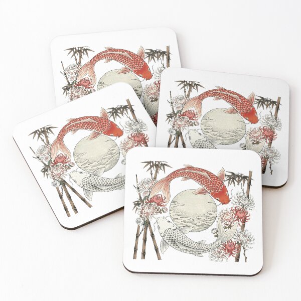 Item preview, Koi Fish Full Moon Chrysanthemum Bamboo Japanese Woodblock designed and sold by Surviving Monday Club.