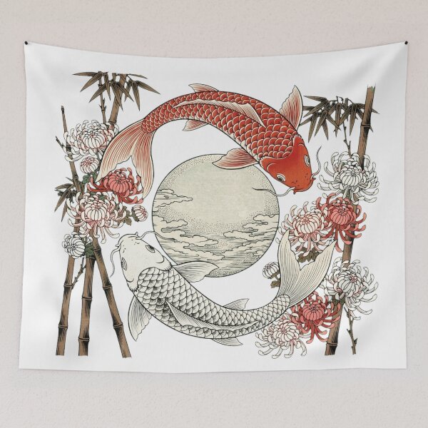 Item preview, Koi Fish Full Moon Chrysanthemum Bamboo Japanese Woodblock designed and sold by Surviving Monday Club.