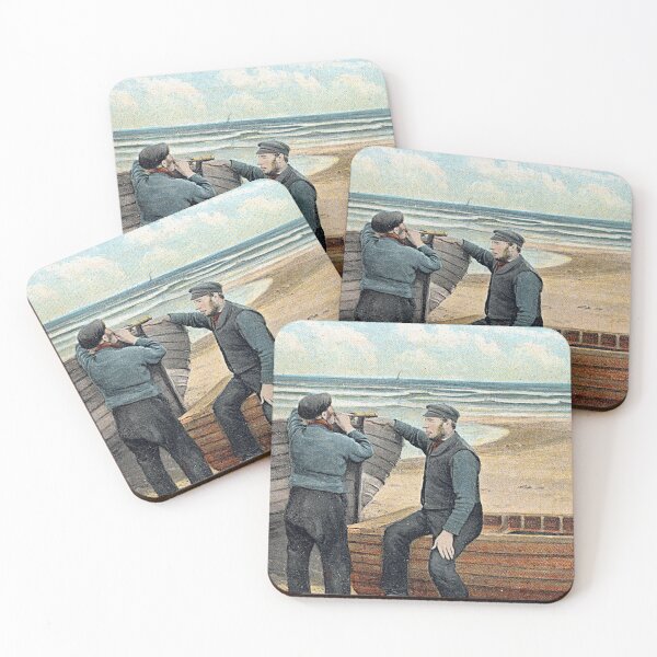 Item preview, Two fishermen watching distant sailboat beside beached boat designed and sold by Pierre de la Mare.