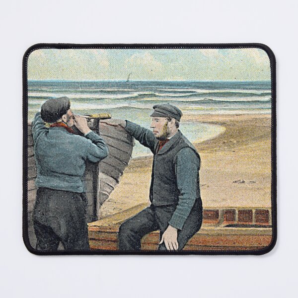 Item preview, Two fishermen watching distant sailboat beside beached boat designed and sold by Pierre de la Mare.