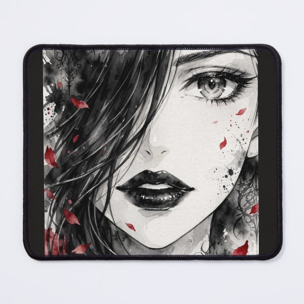 Item preview, Dark Rose Goth Anime Girl - Red Rose Watercolor Portrait Black Lips designed and sold by MAISON SYLVIE.